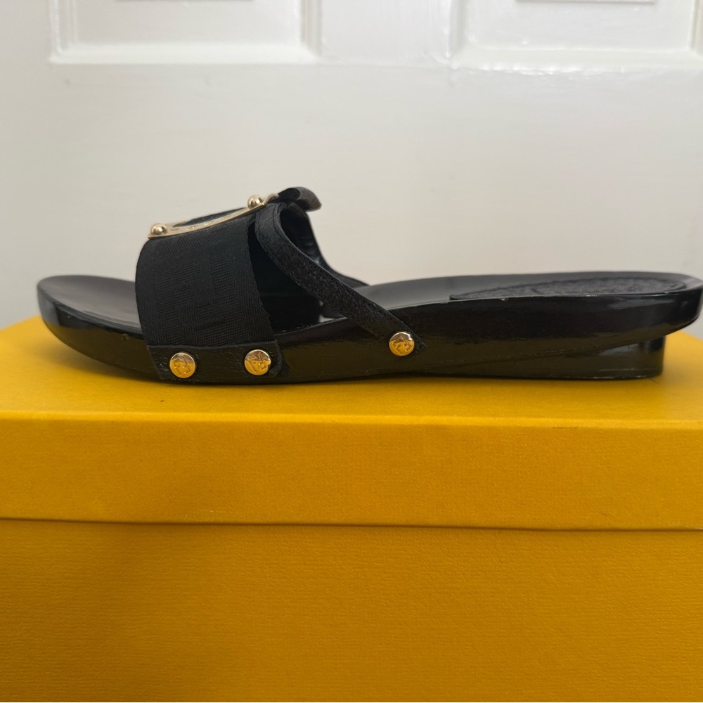 FENDI Authentic Black Wooden Slide Sandals w/ Logo Canvas & Gold Buckle, size 37 - Picture 2 of 9